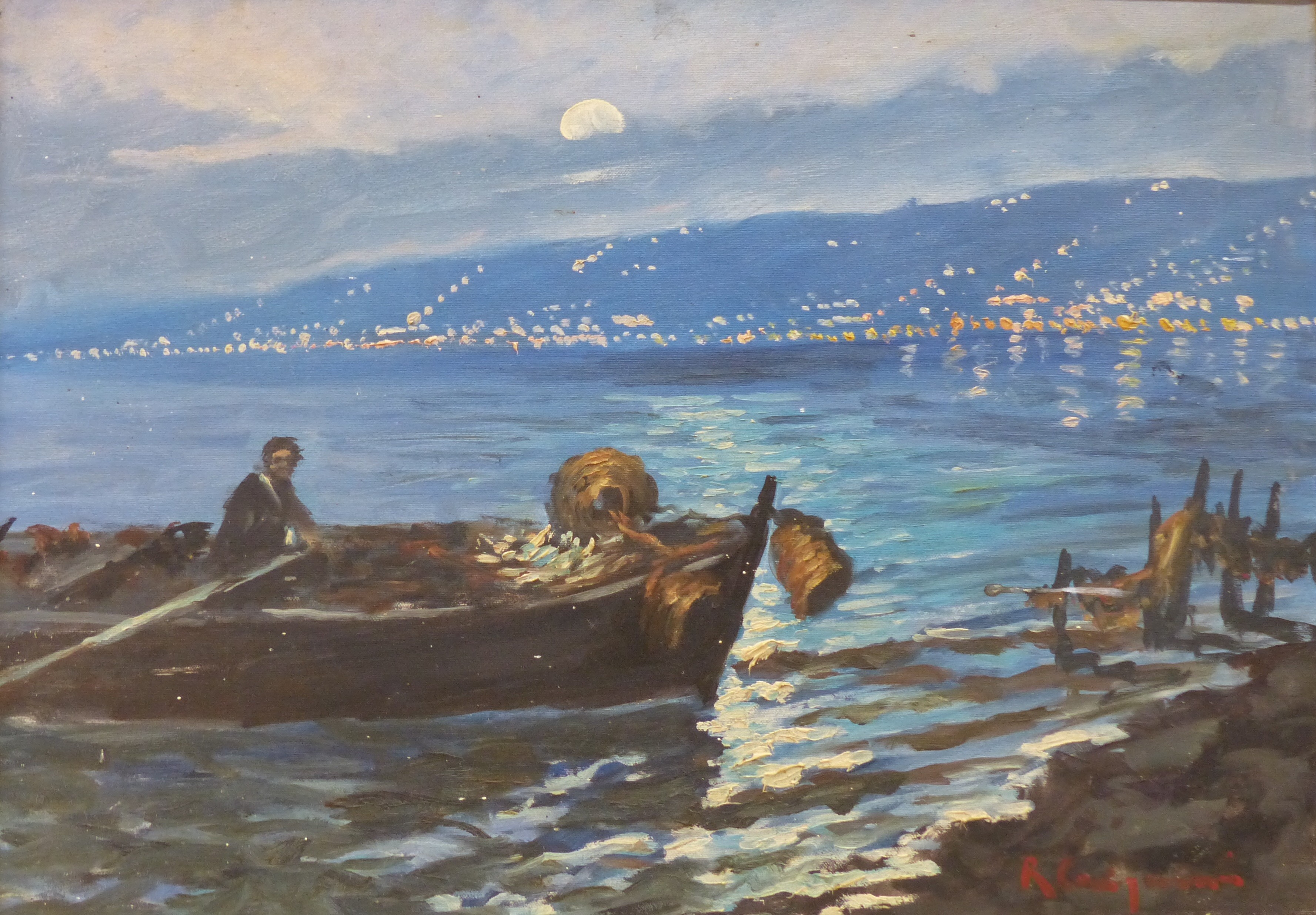 Roberto Carignani (1894-...), oil on canvas, Fishing boat in the Bay of Naples at night, signed, 49 x 69cm